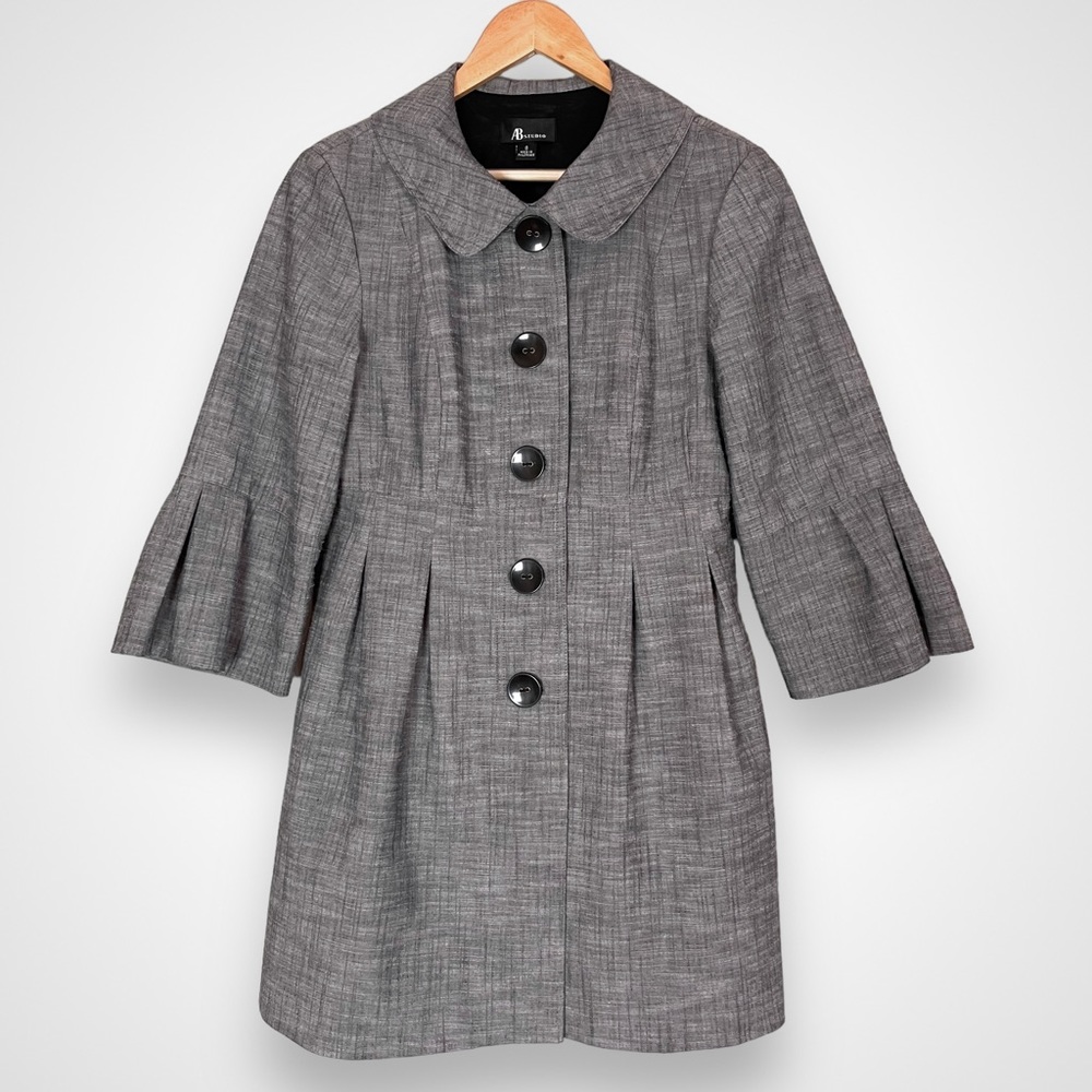 Pleated Jacket Women Flared Cropped 3/4 Bell Sleeve Button-Up Feminine Gray 8‎